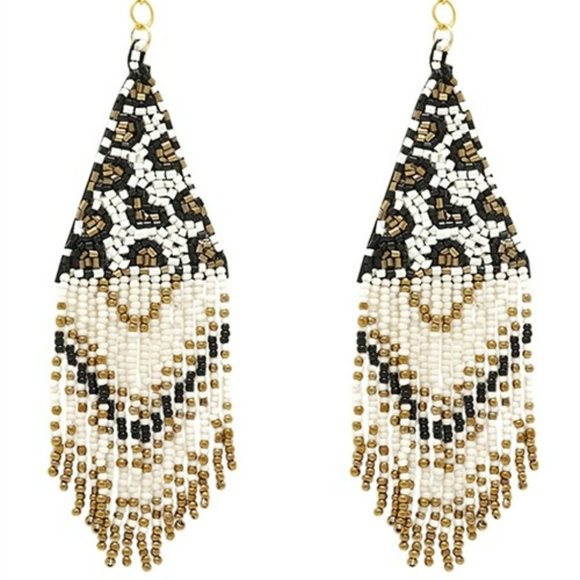 VINTAGE LEOPARD PATTERN TRIANGLE BEADS DROP WOMEN ANIMAL PRINT EARRINGS IVORY - Picture 1 of 1